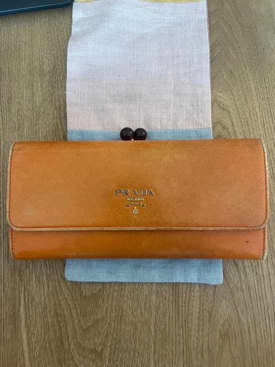 Prada Orange Leather Continental Wallet Gold Logo Zip Clutch - Picture 5 of 14